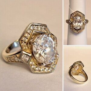 Vintage Cubic Zirconia 925 Sterling Silver Ring Gold Tone Size 5 Princess